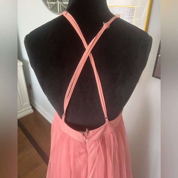 LUXXEL Elegant BARBIE pink V-neck Tulle Slit Maxi Dress Size Medium - Picture 6 of 14